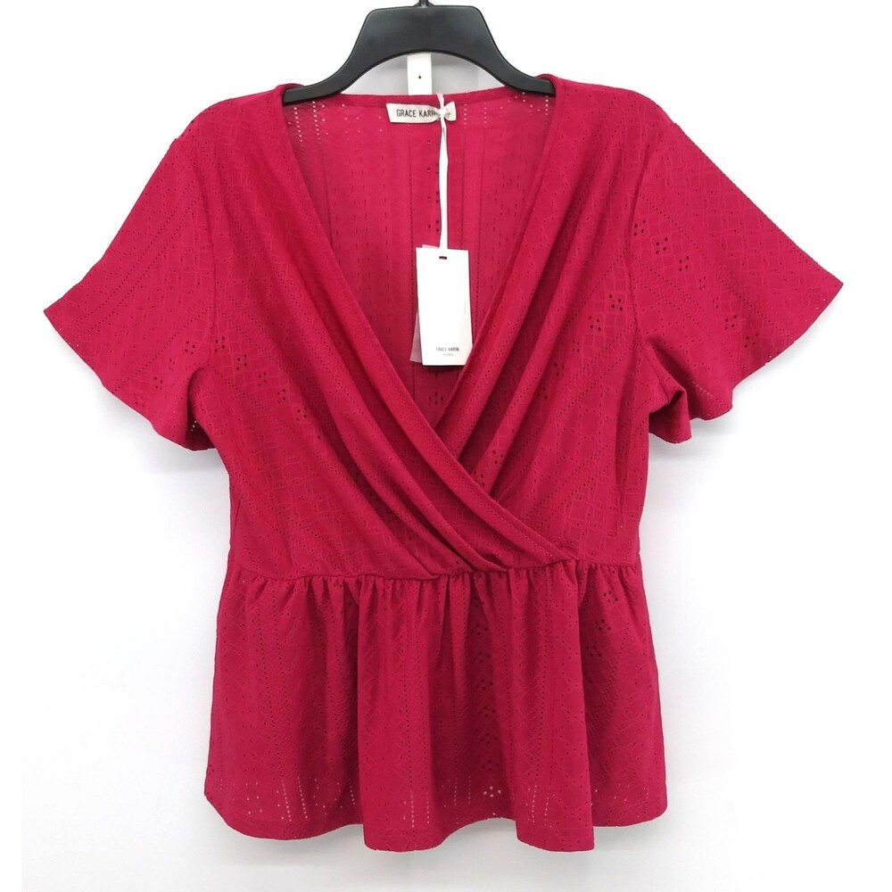 Grace Karin Blouse Womens Large Deep Pink Short Sleeve Crossover Deep V Neck Top